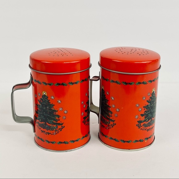 Vintage Christmas Tree Tin Salt Pepper Shakers - Picture 1 of 14